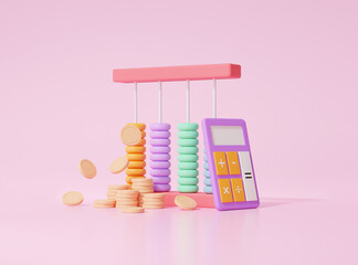 Arithmetic game learn counting number Finance education concept. Colorful abacus with coins and calculator cute smooth on pink background. 3d render illustration