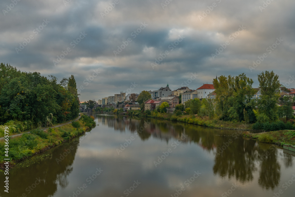 River Labe in central Bohemian town Kolin in autumn color morning