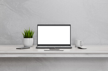 Laptop PC with blank screen on white wooden table in home interior - mockup template