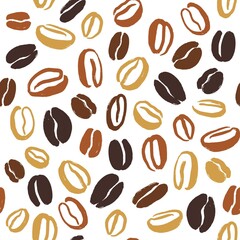 Coffee beans of varying degrees of roast seamless pattern. Vector hand drawn illustration in brown colors on white background. Pattern for package, wallpaper, wrapping paper, menu or textile design.