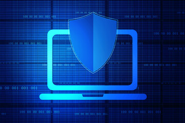 Poster - laptop with shield. Isolated 2d rendering image