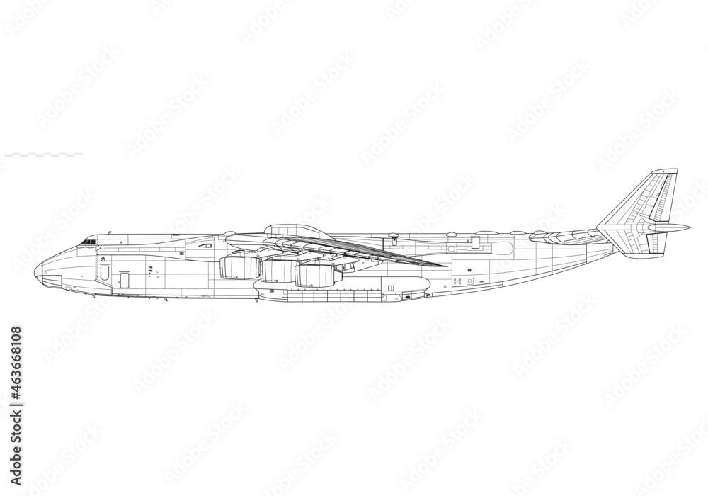 Antonov An-225 Mriya. Vector drawing of heavy transport aircraft. Side view. Image for illustration and infographics.