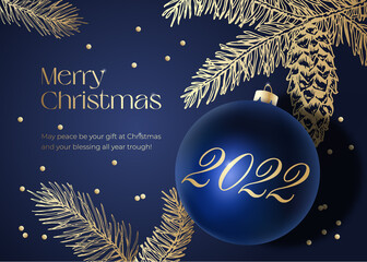 Wall Mural - Christmas Vector Greeting Card, Poster or Holiday Background. Classy Blue and Gold Colors, Glitter Tinsel and Contemporary Typography. Realistic Xmas Bauble with Hand Drawn Spruce Pine Branches