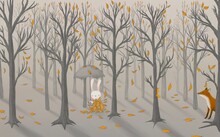 Little Hare With Umbrella, Squirrel, Chanterelle In The Autumn Forest. Watercolor Illustration-Fairy Forest. Children's Interior Wallpaper. Mural For The Walls. Wallpapers For The Room, Interior. 