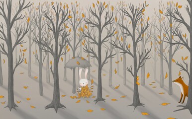 Wall Mural - Little hare with umbrella, squirrel, chanterelle in the autumn forest. Watercolor illustration-Fairy forest. Children's interior Wallpaper. Mural for the walls. Wallpapers for the room, interior. 