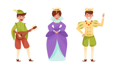 Medieval people set. Minstrel, queen and king European middle ages historical characters cartoon vector illustration