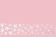 Embossed White Flowers On Candy Pink Background As Border. Copy Space. Wedding Mockup