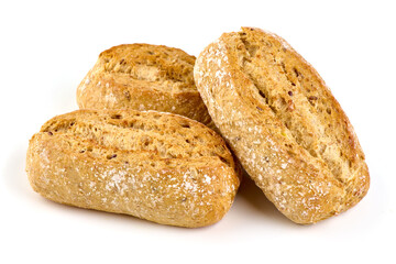 Wall Mural - Freshly baked crispy bread rolls, close-up, isolated on white background.