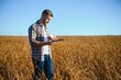 © Serhii - Agronomist inspecting soya bean crops growing in the farm field. Agriculture production concept. young agronomist examines soybean crop on field in summer. Farmer on soybean field