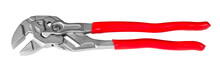 Adjustable Wrench Or Tongue-and-groove Pliers Isolated On White Background. Metal Hand Work Tool With Opened Jaws And Red Plastic Handles. For Holding, Gripping And Turning Or Clamping And Tightening.