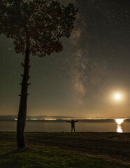 Wall Mural - beautiful night landscape, silhouette of a tree and bright milky way galaxy. the silhouette of a tra