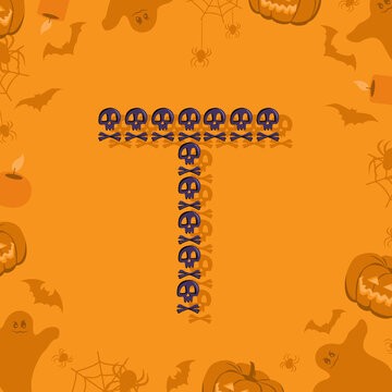 Halloween letter T from skulls and crossbones for design. Festive font for holiday and party on orange background with pumpkins, spiders, bats and ghosts