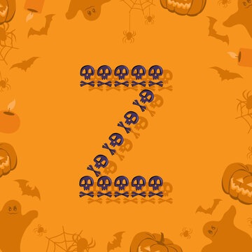 Halloween letter Z from skulls and crossbones for design. Festive font for holiday and party on orange background with pumpkins, spiders, bats and ghosts