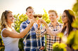 Young friends having fun outdoors - Happy people enjoying harvest time together at farmhouse winery countryside - Youth and friendship concept - Toasting red wine glass at vineyard before sunset