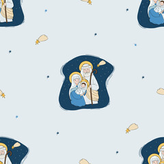 Wall Mural - Seamless pattern Christmas Jesus Christ. Holy Family - Theotokos Virgin Mary, Joseph and baby Jesus On light blue background with star of Bethlehem. Vector illustration. For decoration, packaging