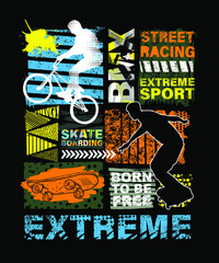 Urban style modern t-shirt  with boy on bicycle BMX and skateboards. Sport extreme style illustraton for guys.