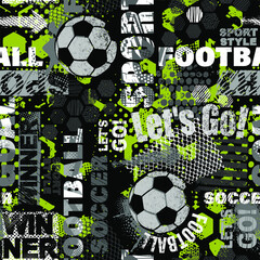 Aufkleber - Abstract seamless chaotic pattern with soccer ball and urban geometric elements. Grunge neon texture background for guys. Football sport