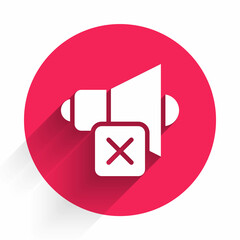 Poster - White Speaker mute icon isolated with long shadow. No sound icon. Volume Off symbol. Red circle button. Vector