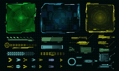 Fototapete - Futuristic HUD-style frame for GUI, UI, UX and web design. Callouts, arrows, labels, information panels of the call window,  frame screen. Loading bar. Green, Blue, Yellow Callouts titles. Vector