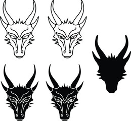 Wall Mural - Dragon Head and Face Clipart Set - Outline and Silhouette