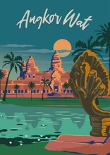 Historical Places To Travel Brochure Cards Set. Template Of Flyer, Magazines, Poster, Books, Banners Angkor Wat In Cambodia
