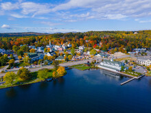Meredith Town Center With Fall Foliage Aerial View In Fall With Meredith Bay In Lake Winnipesaukee, New Hampshire NH, USA. 