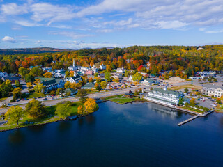 Wall Mural - Meredith town center with fall foliage aerial view in fall with Meredith Bay in Lake Winnipesaukee, New Hampshire NH, USA. 