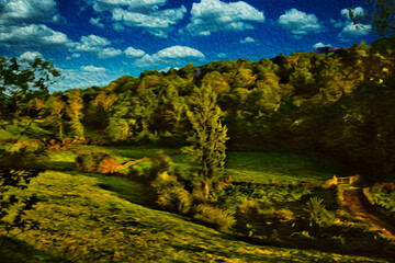 Wall Mural - Rural landscape with grove and fields at the Way of St. James. A pilgrimage route leading to Santiago de Compostela in Spain. Oil paint filter.