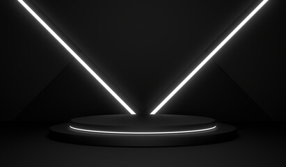 Wall Mural - Sci Fi Pedestal, Cylinder Podium, Place For Product. White Neon Glow. 3D Rendering Image.