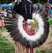 Photo of an eagle head and feathers in a circle as part of a dancer's regalia at a public pow wow event.