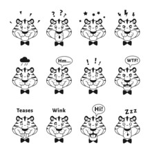 Black White Outline Funny Tigers Heads Set With Facial Expression. Happy Striped Wild Cat Emoticon On White Background. Kids Coloring Page. Animal Face Sketch With Emotion Line Vector Illustration.