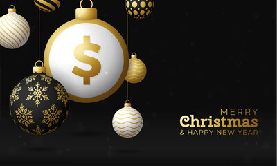 Merry Christmas gold dollar symbol banner. Dollar sign as christmas bauble ball hanging greeting card. Vector image for xmas, finance, new years day, banking, money