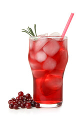 Glass with healthy cranberry juice on white background