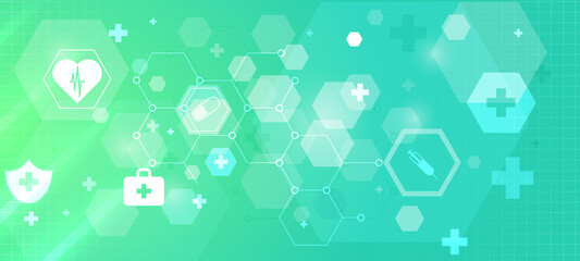 Wall Mural - Healthcare and technology concept with flat icons and symbols. Template design for health care business, innovation medicine, science background, medical research. Vector illustration.