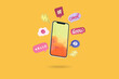 © Marc Tran/Stocksy - Smartphone and Message bubbles chat papper on yellow background