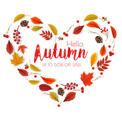 Poster - Autumn colorful forest leaves, berries, cones, acorns, viburnumin the shape of a heart Sale Frame.   Vector.
