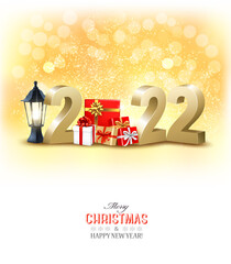 Wall Mural - Happy New Year and Christmas holiday background with a 2022. Golden 3D numbers with gift boxes. Vector.