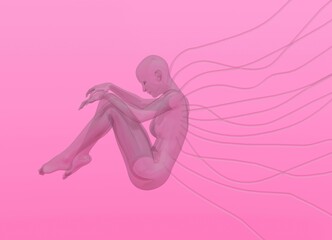 Sticker - An artificial human in a fetal position with wires coming from the body. Concept of transhumanism and posthuman. 3D illustration.