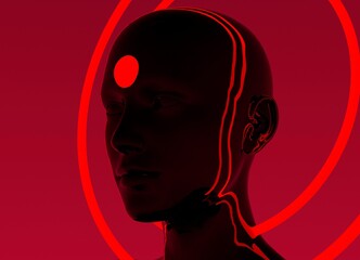 Aufkleber - Surrealistic 3D portrait of an artificial human or robot with many halos around its head.