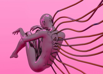 Poster - An artificial human in a fetal position with wires coming from the body. Concept of transhumanism and posthuman. 3D illustration.