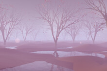 Pink Foggy Forest Landscape