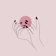 Kobiece dłonie z czarnymi paznokciami trzymające kulę lub księżyc. Delikatny gest w minimalistycznym stylu. Koncept kobiecości. Mistyczna, ezoteryczna ilustracja wektorowa.