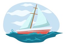 Sailing Boat With Sails And Mast, Sea Trip Vector