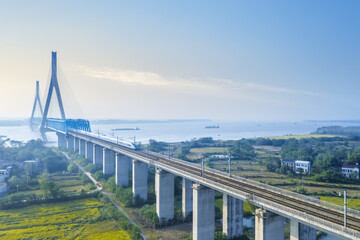 Poster - modern railway bridge landscape at dusk