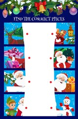 Poster - Children find correct pieces puzzle game with Christmas characters. Kids holidays playing activity, logical game. Christmas tree ornaments and gifts, Santa, snowman and elf, reindeer cartoon vector