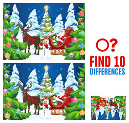 Poster - Child find ten differences game with Santa and Christmas tree. Kids logical riddle with comparing task, children holiday puzzle game. Santa in sleigh, reindeer and snowman characters cartoon vector