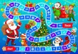© Vector Tradition - Child Christmas boardgame with Santa Claus and animals cute characters. Kids board game, children winter holidays playing activity book page. Polar bear, penguin and fox, squirrel, elf cartoon vector