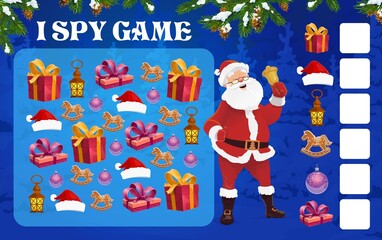 Aufkleber - Christmas I spy puzzle for preschooler kids. Kindergarten children counting activity, child math riddle or game. Santa Claus hat, Christmas holiday gift and gingerbread cookies, lantern cartoon vector