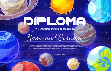Wall Mural - Kids diploma with cartoon galaxy space nebula and planets. Education certificate for kids, child kindergarten or school diploma, holiday vector invitation with solar system planets, sun and stars