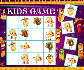 Poster - Sudoku kids game cartoon mexican food musician characters. Vector riddle with tex mex mariachi singers on chequered board. Educational boardgame task, children maze teaser for sparetime activity